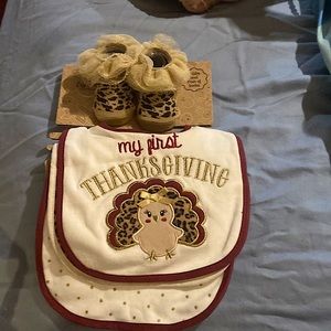 Brand new with tags. 3 first thanksgiving bibs and elegant socks